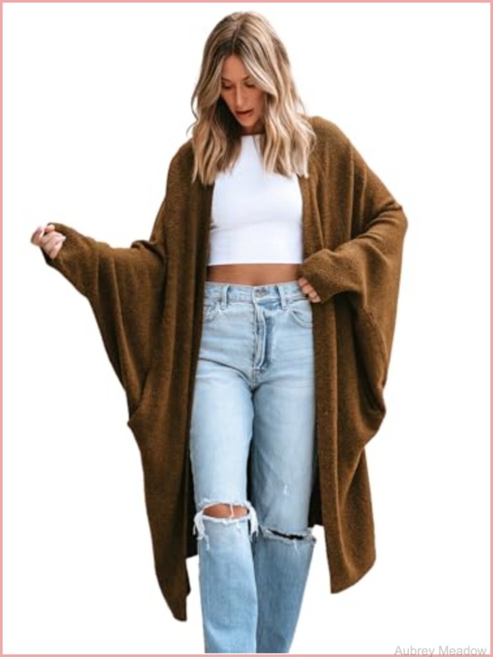 CUPSHE Women's Open Front Duster Cardigan Long Sleeve Knit Sweater with Pockets